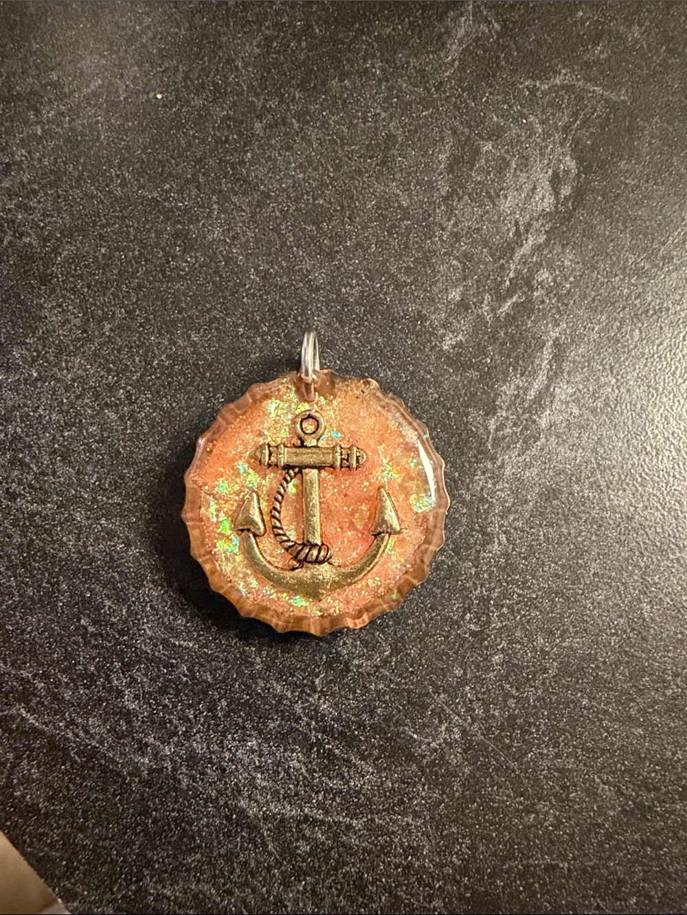 Gold Anchor Pendant Necklace - Copper-Tone with Green Shimmer